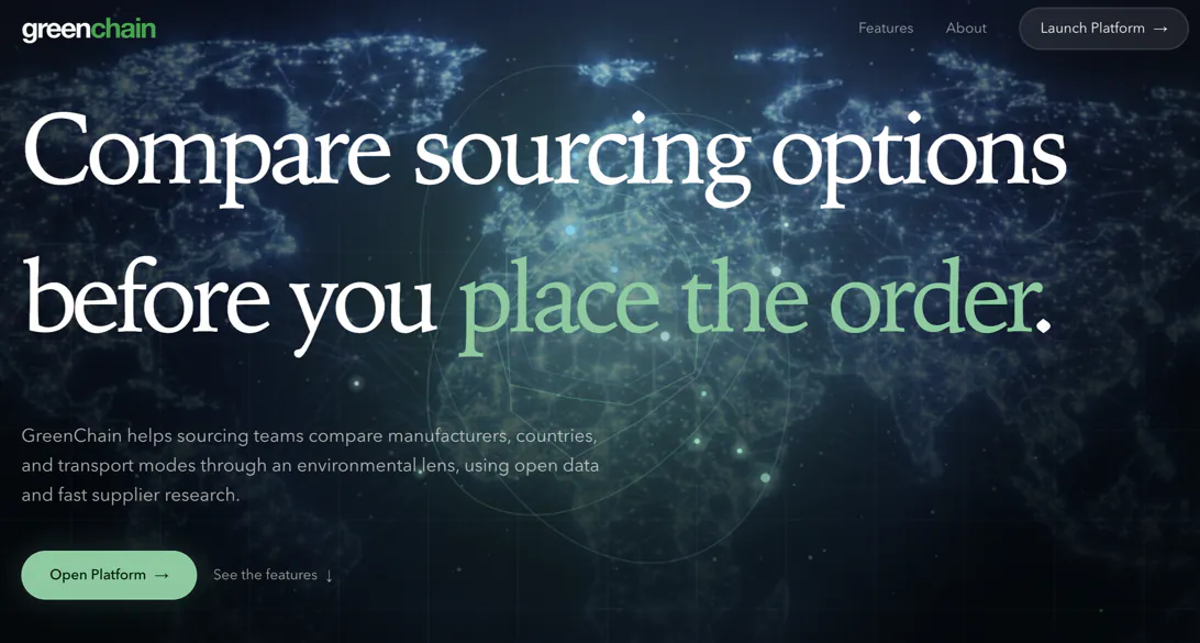 GreenChain's landing page: the line “Compare sourcing options before you place the order.” set large over a dark world map of city lights, above a short paragraph and an Open Platform button.