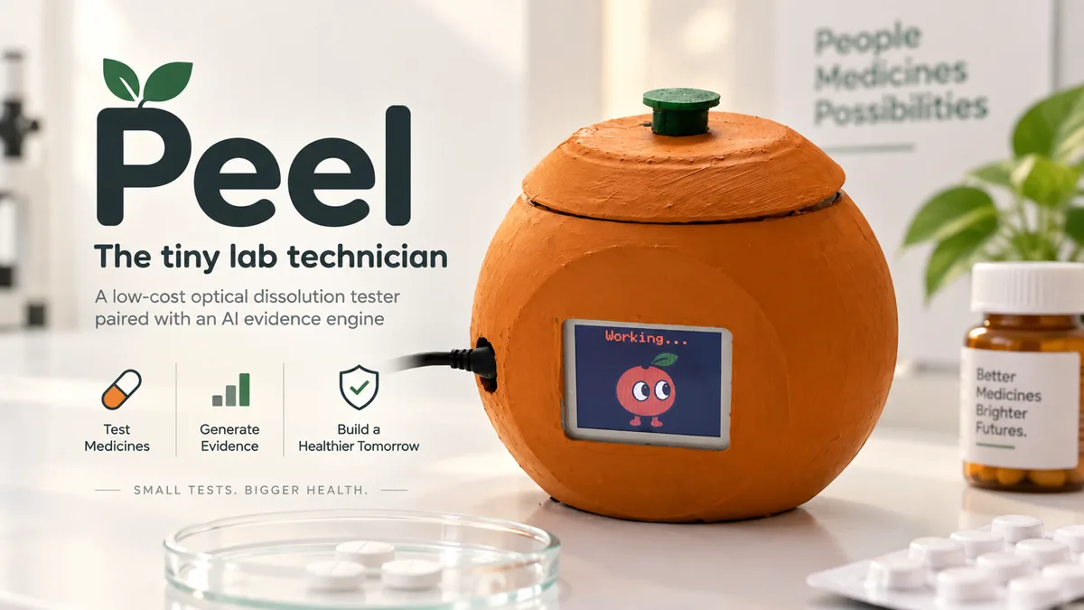 Peel's title card: the instrument, an orange-painted sphere with a green stopper and a small screen set into its side showing the mascot over the word “Working…”, on a white counter beside a bottle of tablets and a dish of pills, under the line “The tiny lab technician”.